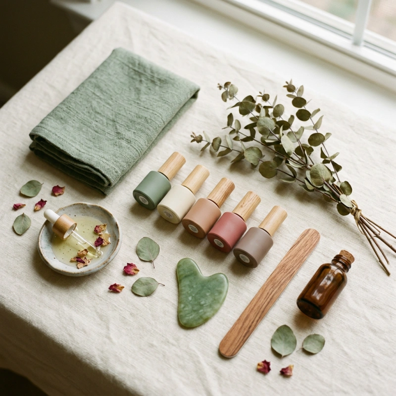 Salt & Polish Nail Bar studio — luxury nail care tools, sage towel, eucalyptus, and premium polish on cream linen
