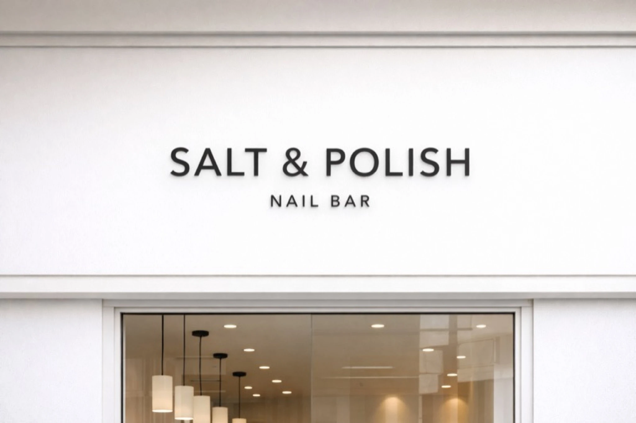Salt & Polish Nail Bar storefront — modern minimalist salon exterior